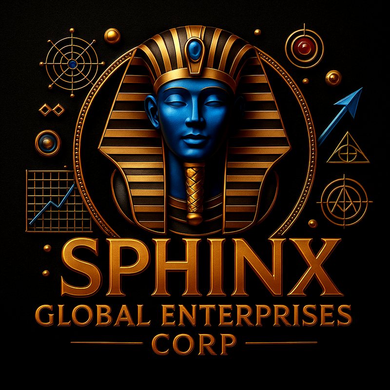 SPHINX Global Enterprises Corp. logo: a blue-faced pharaoh in a gold-striped headdress, framed by a gold ring and symbols of science and growth